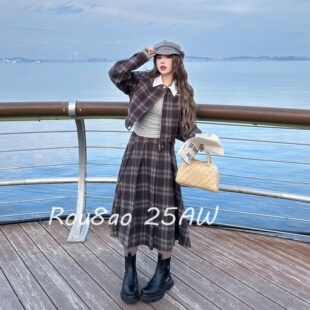 Rou8ao微胖大码女装韩系学院风格子外套+高腰百褶半身短裙两件套
