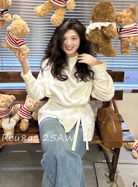 Rou8ao微胖大码女装韩系设计感白色系带长袖衬衫2025秋季高级上衣
