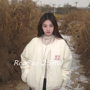 棒球服棉袄 韩系刺绣拼接加厚夹棉服外套秋冬季 Rou8ao微胖大码 女装