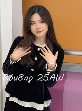 Rou8ao微胖大码女装法式丝绒黑色圆领花边衬衫微胖mm洋气长袖上衣