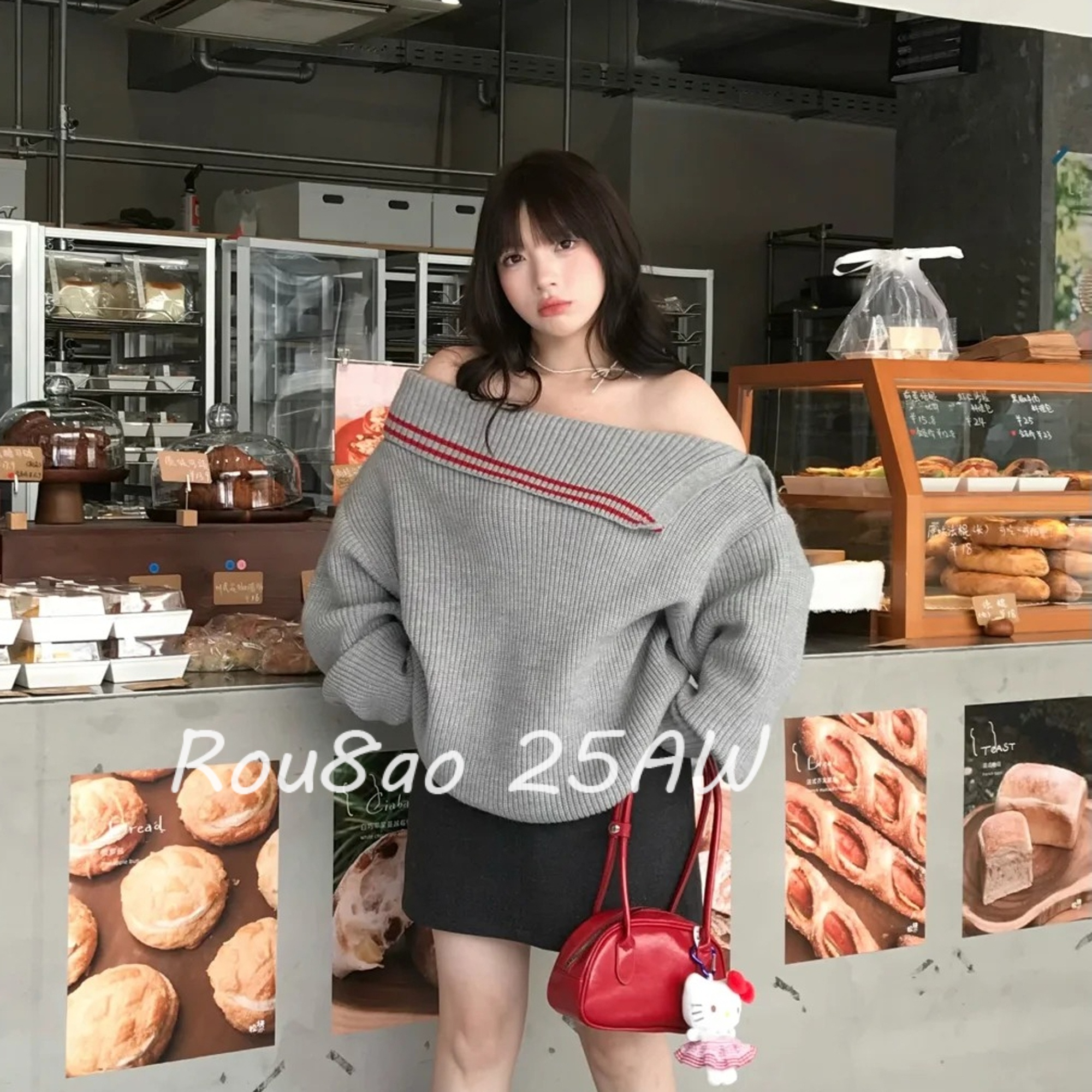 韩系纽扣大翻领露肩针织衫毛衣