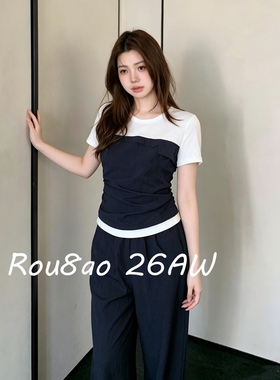 Rou8ao微胖大码女装假两件撞色上衣+阔腿裤2026夏季时尚两件套