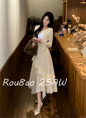 Rou8ao微胖大码女装法式白色蕾丝长袖连衣裙女秋冬设计感内搭长裙