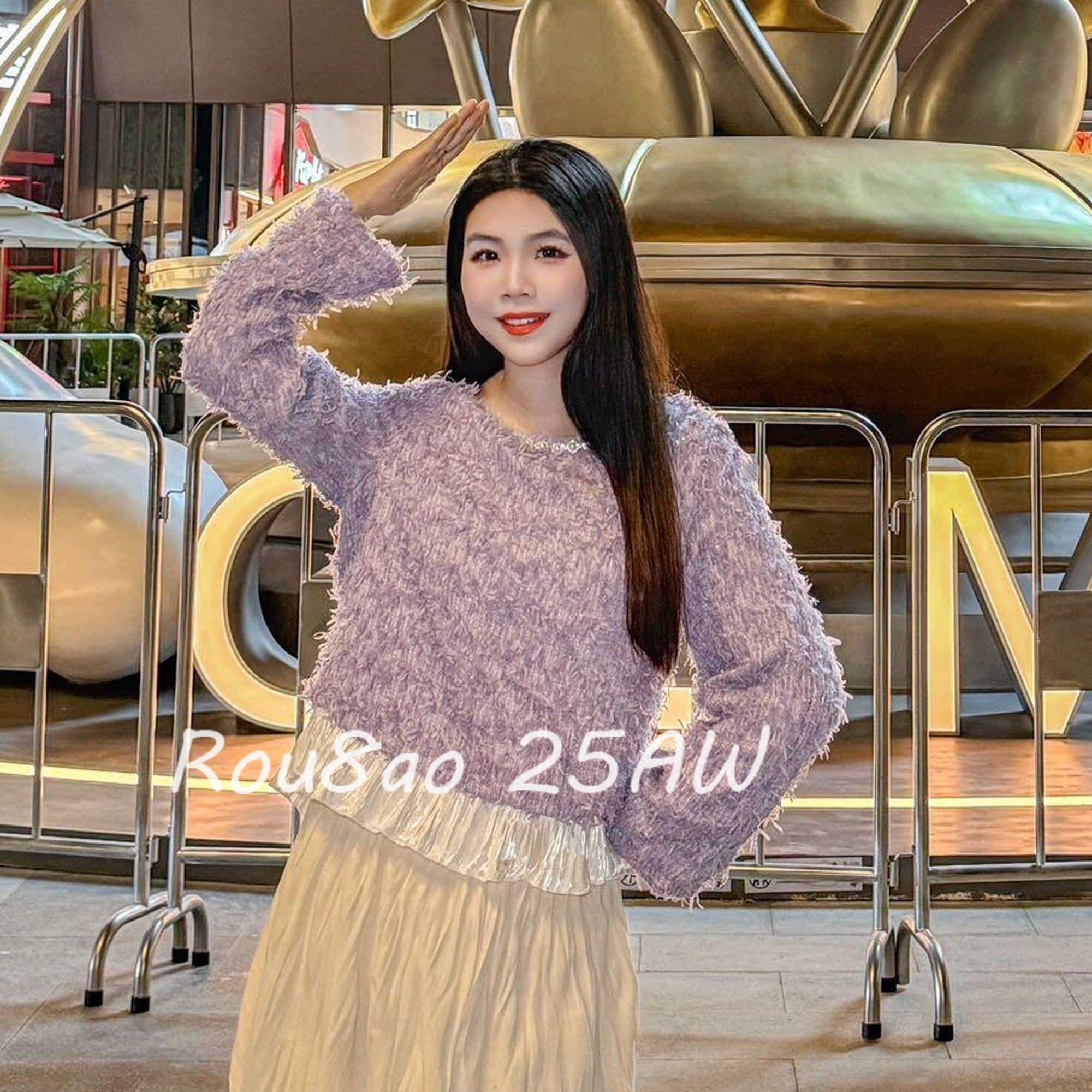 Rou8ao微胖大码女装开春森系穿搭减龄多巴胺紫色毛衣+白色半身裙,女装/女士精品,大码套装,淘宝优惠券,粉丝福利购,淘宝优惠卷