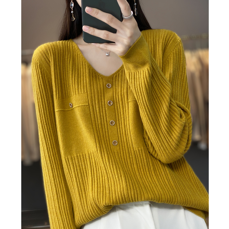 新款V领100羊毛衫女长袖