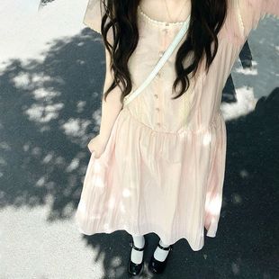 新款 2025夏季 甜美温柔风花边收腰连衣裙蕾丝拼接气质显瘦粉色长裙
