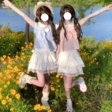 闺蜜一整套穿搭法式浪漫绝美小飞袖娃娃领上衣女学生+白色半身裙