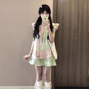 上衣女夏季 多巴胺薄荷绿小飞袖 学院风小个子海岛穿搭半身裙两件套