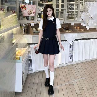韩版 两件套 甜美温柔风藏青色收腰背心连衣裙女学生 白色翻领衬衫