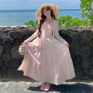 针织防晒衫 夏日海边度假甜美温柔风蕾丝拼接粉色吊带裙女 两件套