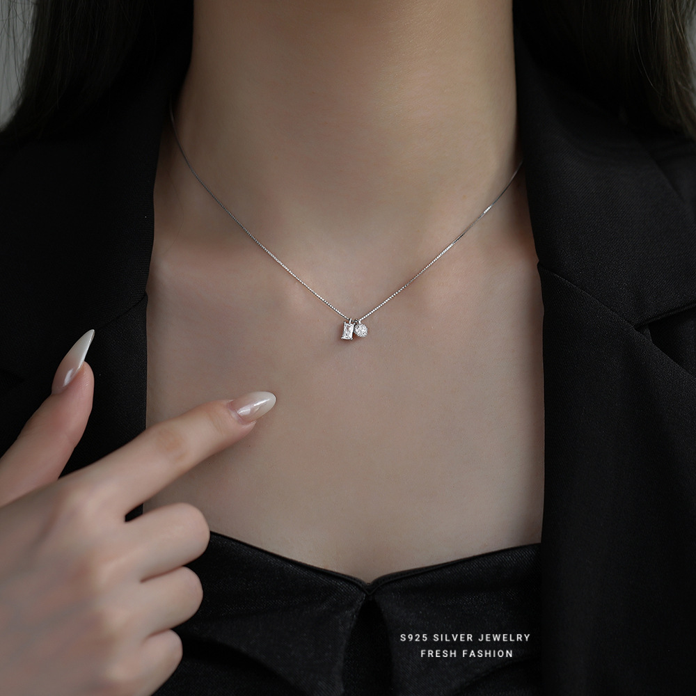 S925纯银香巴拉方糖项链女小众设计感韩版ins冷淡风diy几何锁骨链