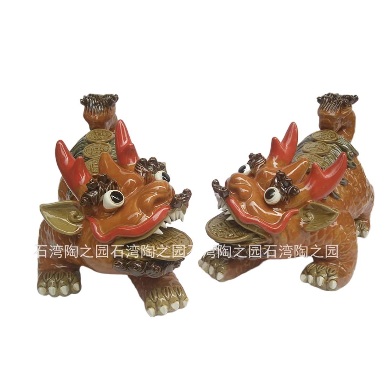 石湾公仔陶瓷家居装饰摆件吉祥物客厅桌面地柜镇宅七彩红角火麒麟