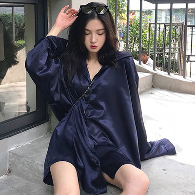 大码女装200斤胖MM早秋韩版ins港风缎面宽松显瘦衬衣衬衫外套上衣