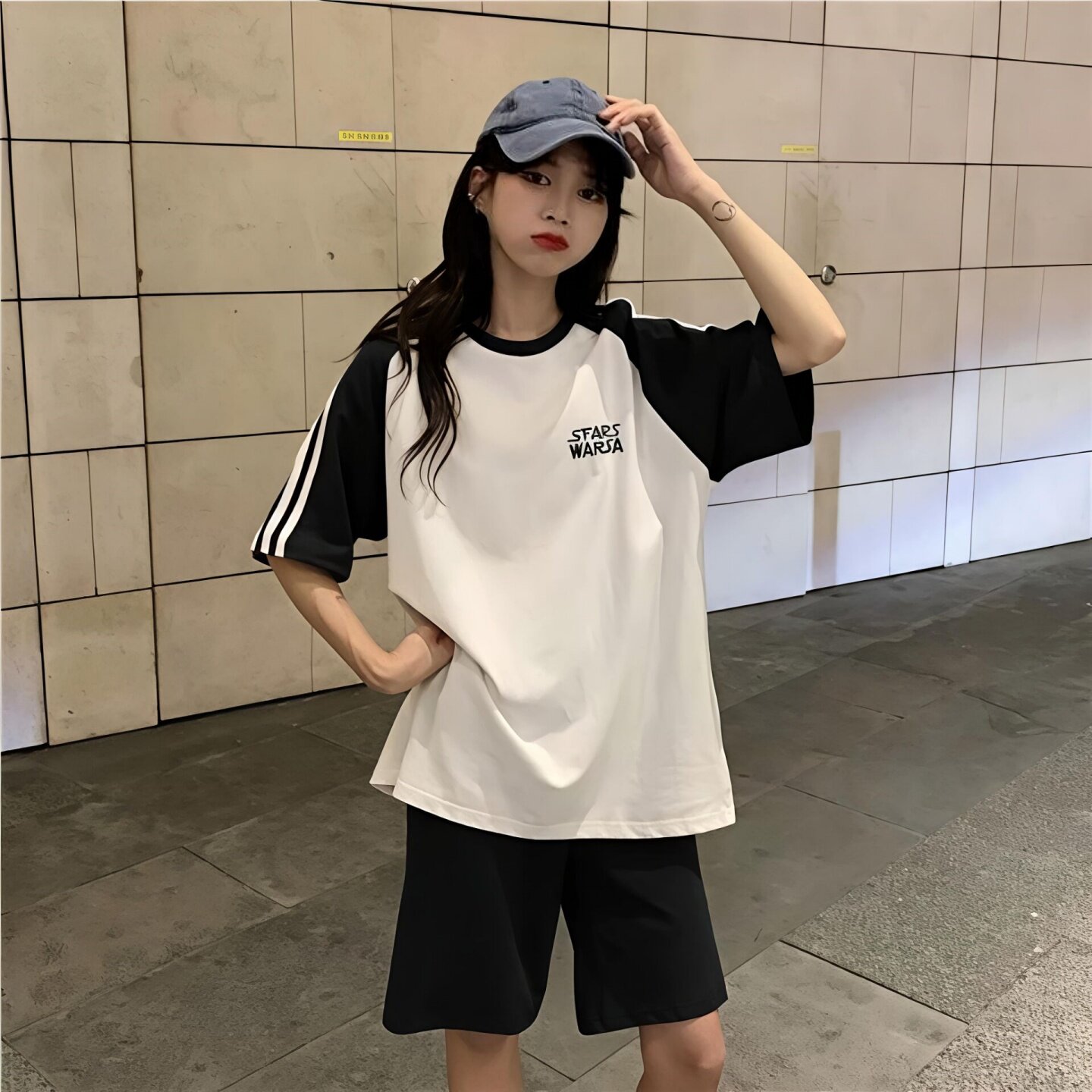 学院风休闲运动服套装夏季女2026新款短袖短裤学生跑步两件套