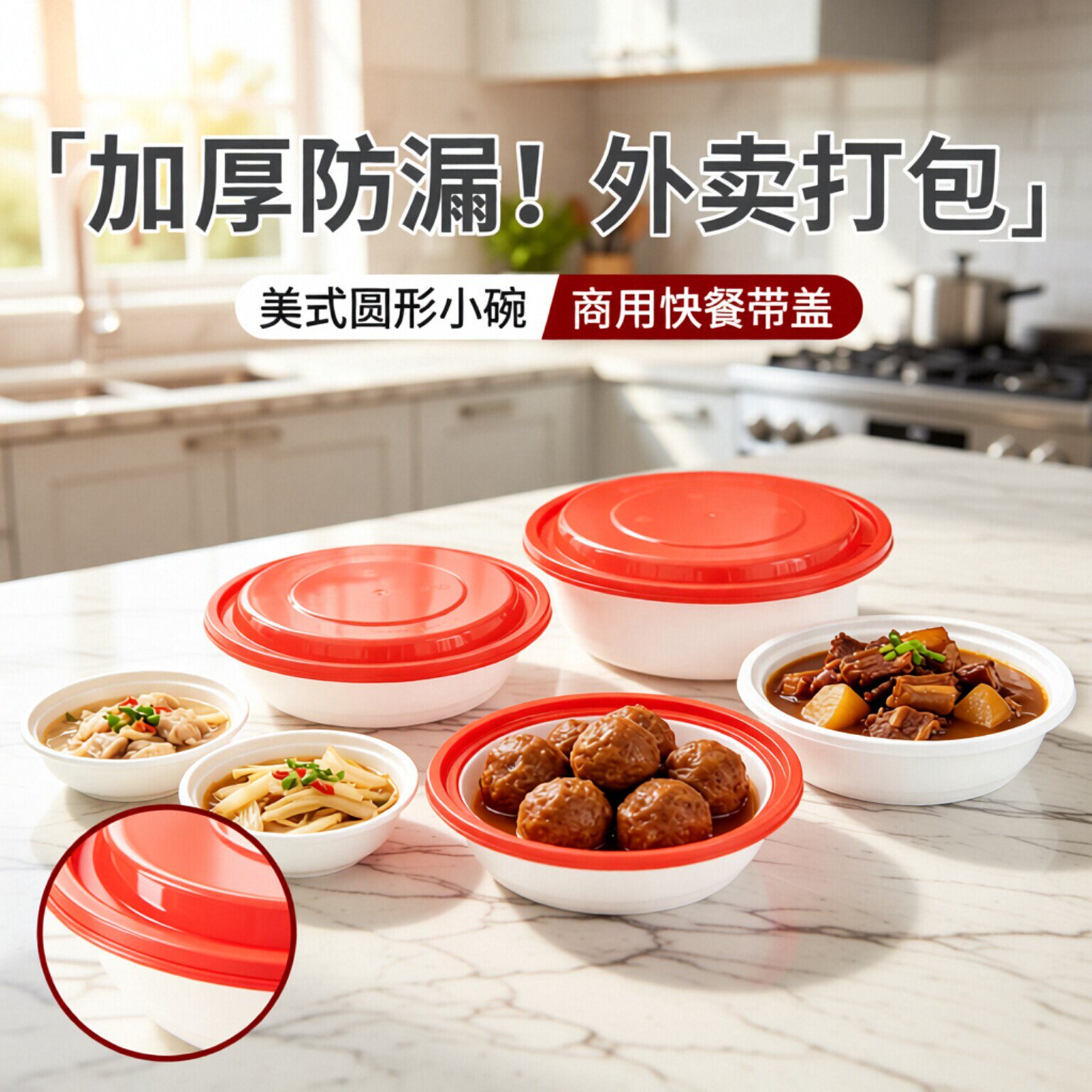 一次性美式圆形加厚防漏带盖餐盒