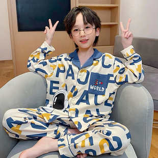 家居服可外穿夏季 男童纯棉睡衣春秋季 中大童男孩儿童开衫 套装 长袖