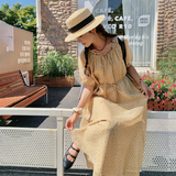 卡其色波点连衣裙夏季女2024新款法式显瘦泡泡袖高腰系带茶歇长裙，女装连衣裙，沁古纱衣