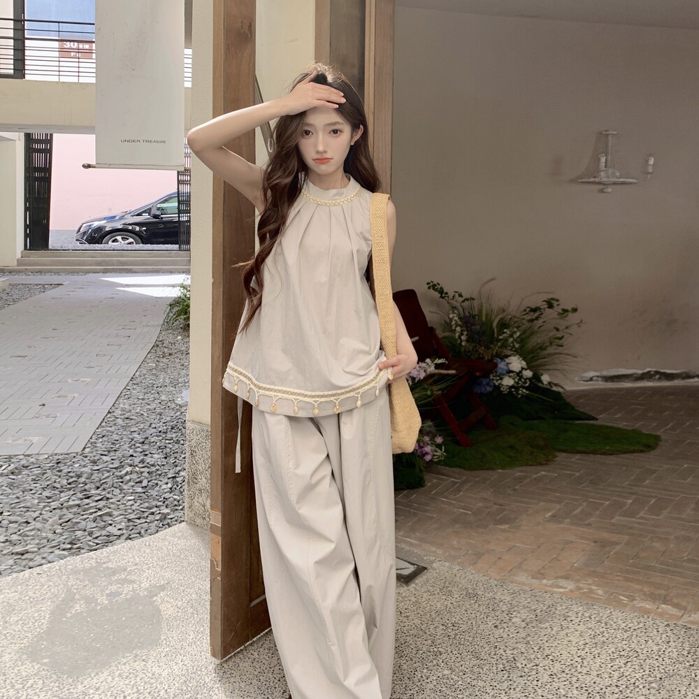 法式气质休闲阔腿裤两件套女2025夏新款浅灰色松弛感无袖背心套装,女装套装/套裙,沁古纱衣