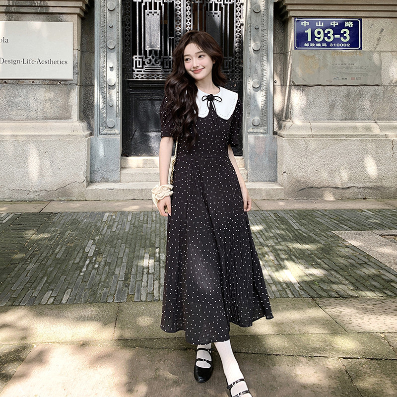 甜美黑色娃娃领波点连衣裙女2025夏季新款韩系复古收腰显瘦茶歇裙,女装连衣裙,沁古纱衣