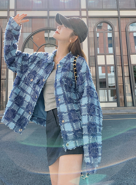 现货 春秋款 爆款面料仿牛仔毛毛宽松格子外套 Q993 P135 K208