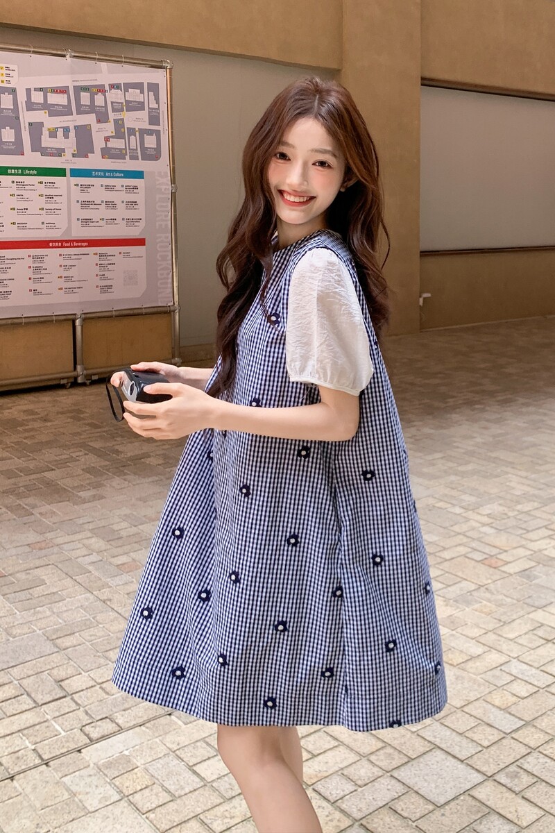 甜美风绣花格子连衣裙女2025夏季新款超好看泡泡袖宽松显瘦娃娃裙,女装连衣裙,沁古纱衣