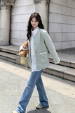 韩版时尚浅绿色小香风外套女2025春秋季新款宽松显瘦气质洋气上衣，女装毛呢外套，沁古纱衣