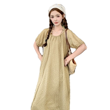 卡其色波点连衣裙夏季女2024新款法式显瘦泡泡袖高腰系带茶歇长裙，商品下架区，沁古纱衣