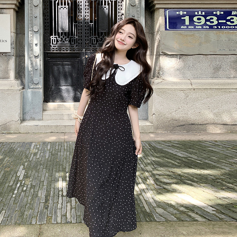 甜美黑色娃娃领波点连衣裙女2025夏季新款韩系复古收腰显瘦茶歇裙,女装连衣裙,沁古纱衣