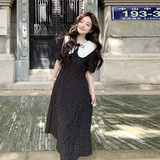 甜美黑色娃娃领波点连衣裙女2025夏季新款韩系复古收腰显瘦茶歇裙，女装连衣裙，沁古纱衣