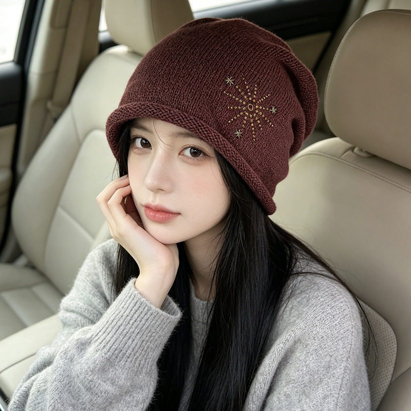 美拉德咖色星芒铆钉堆堆帽女秋冬复古慵懒卷边针织冷帽保暖套头帽