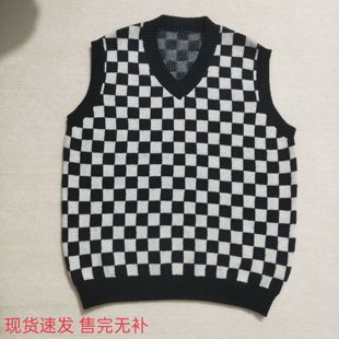 春秋马甲ins无袖 韩系毛衣潮棋盘格男内搭针织衫 慵懒风v领宽松上衣