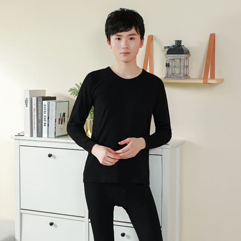 Pure cotton thin warm suit men's autumn clothes, autumn pants, cotton sweater, bottoming shirt, round neck, black