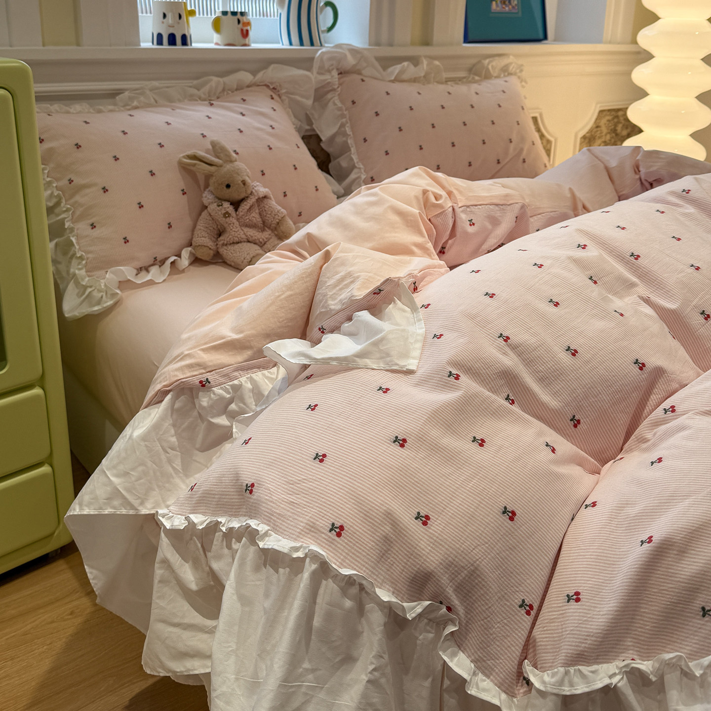 ins粉色少女公主大花边樱桃全棉色织水洗棉四件套纯棉三件套床品,床上用品,床品套件/四件套/多件套,淘宝优惠券,粉丝福利购,淘宝优惠卷