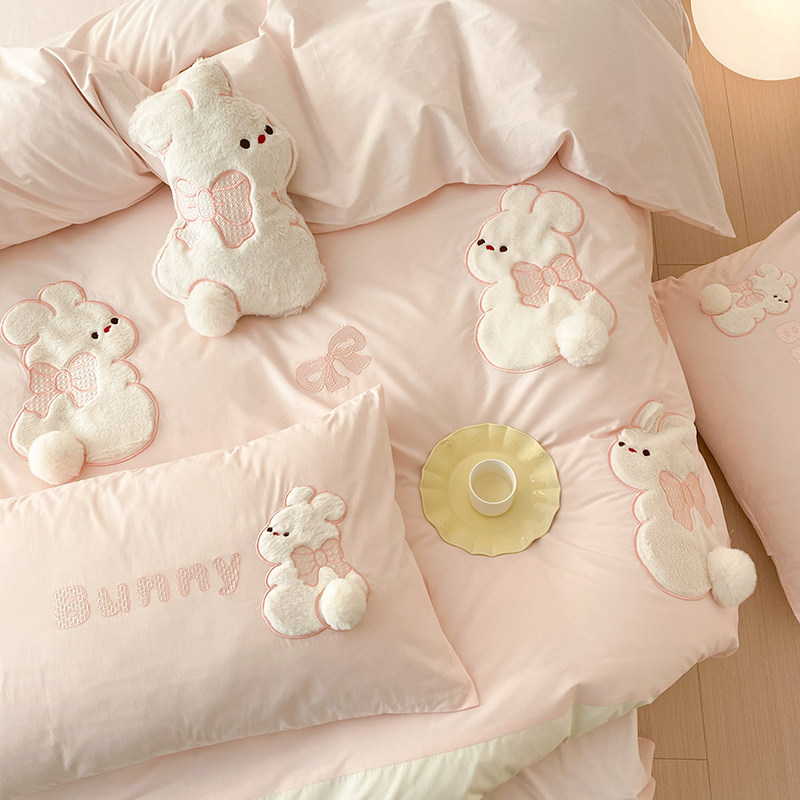 ins卡通粉色少女小兔子全棉水洗棉四件套纯棉床单三件套儿童床品,床上用品,床品套件/四件套/多件套,淘宝优惠券,粉丝福利购,淘宝优惠卷