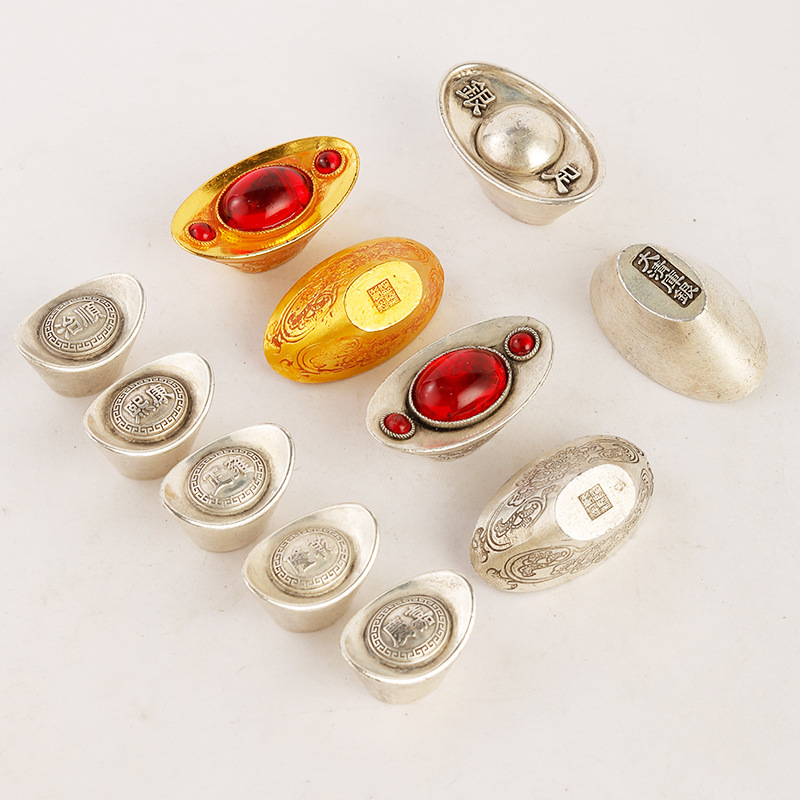 古玩收藏仿白铜宝石元宝摆件做旧金属银元宝摆设工艺品