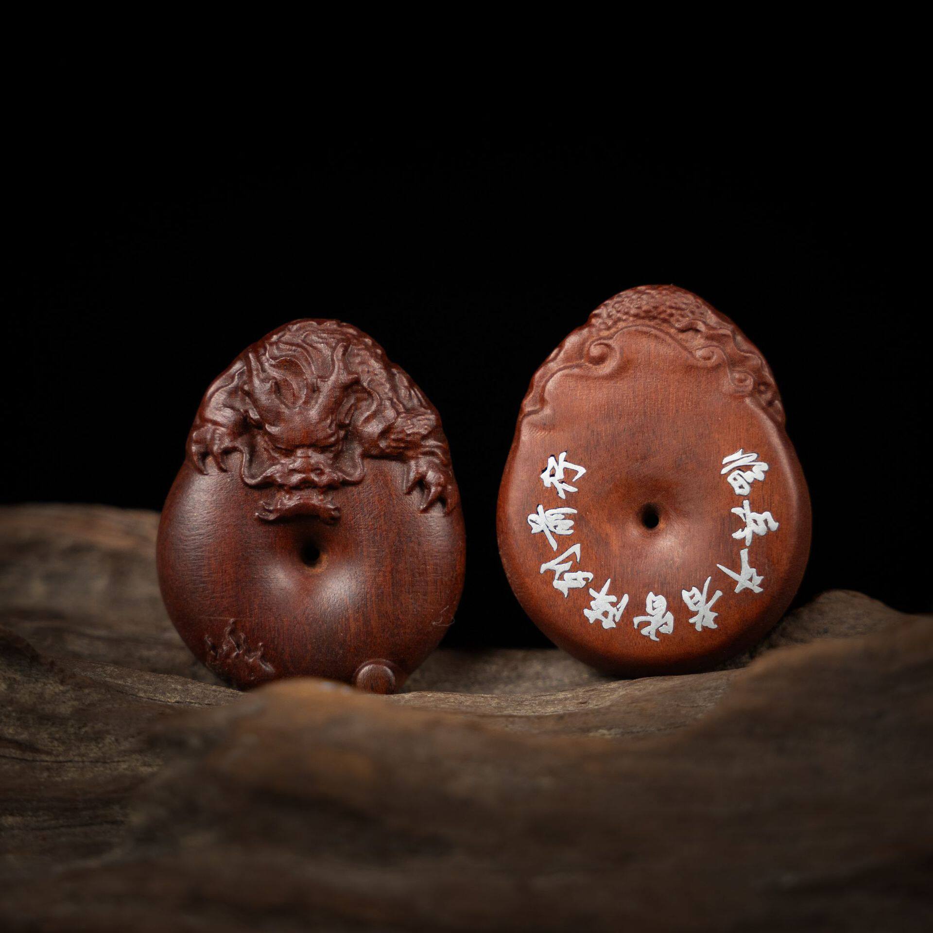 雷击木枣木银丝镶嵌九字真言盘龙平安扣挂件吊坠