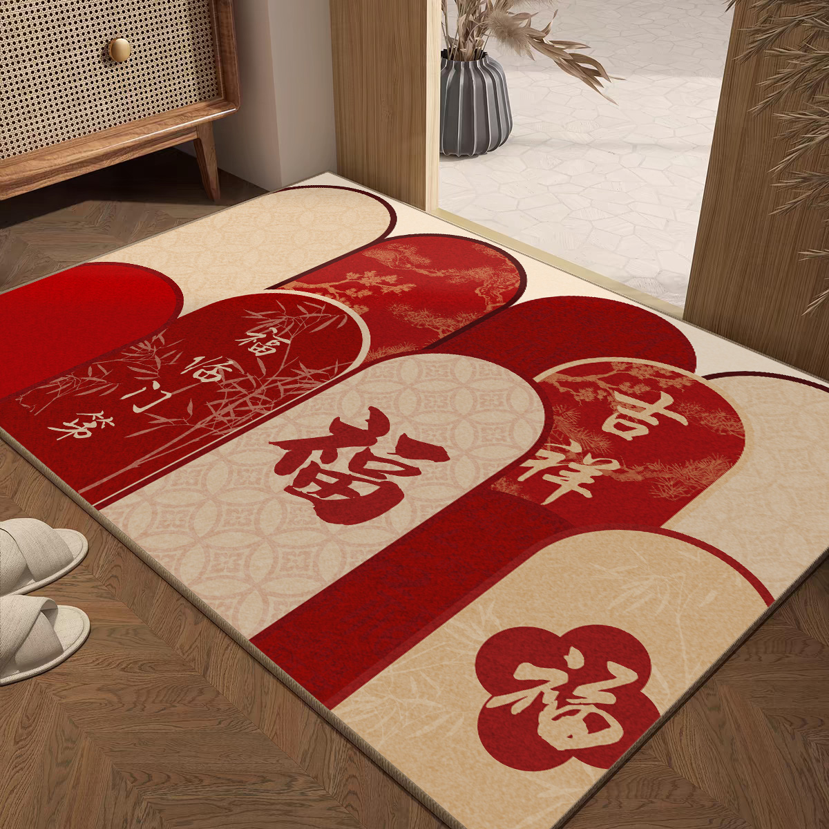 新中式入户门地垫喜庆红色新春门垫过年进门脚垫防滑耐脏门厅地毯
