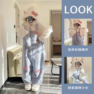 可爱猫咪连体服睡衣女冬季珊瑚绒加绒加厚卡通甜美少女保暖可外穿
