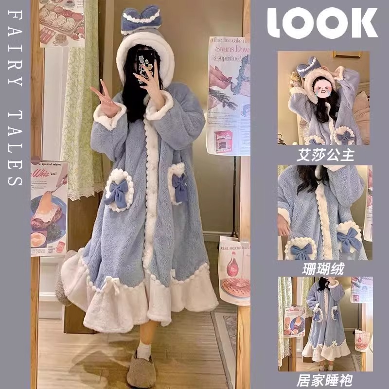 艾莎公主冬季珊瑚绒加绒加厚睡袍