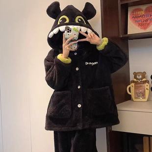 无牙仔睡衣女珊瑚绒秋冬季珊瑚绒加绒加厚连帽可爱卡通冬天家居服