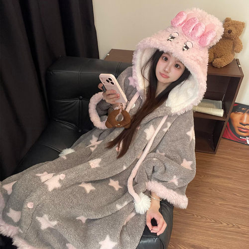 冬季珊瑚绒加厚小兔睡袍可外穿女