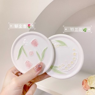 陶瓷杯盖原创设计小清新可爱花郁金香铃兰釉下彩杯子配件盖子9cm