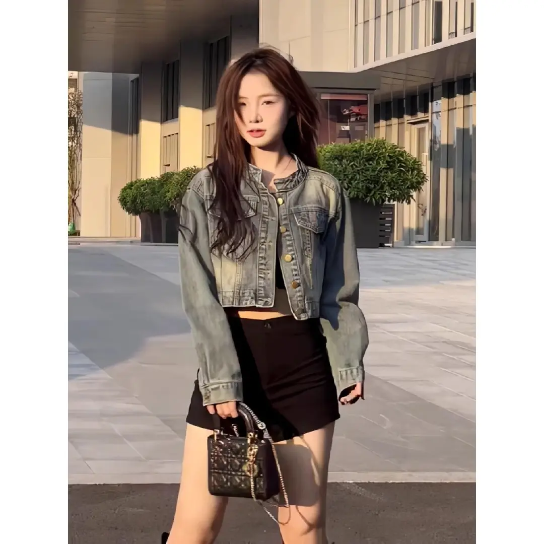 复古立领短款牛仔外套女新款港味设计感宽松时尚显瘦百搭长袖上衣