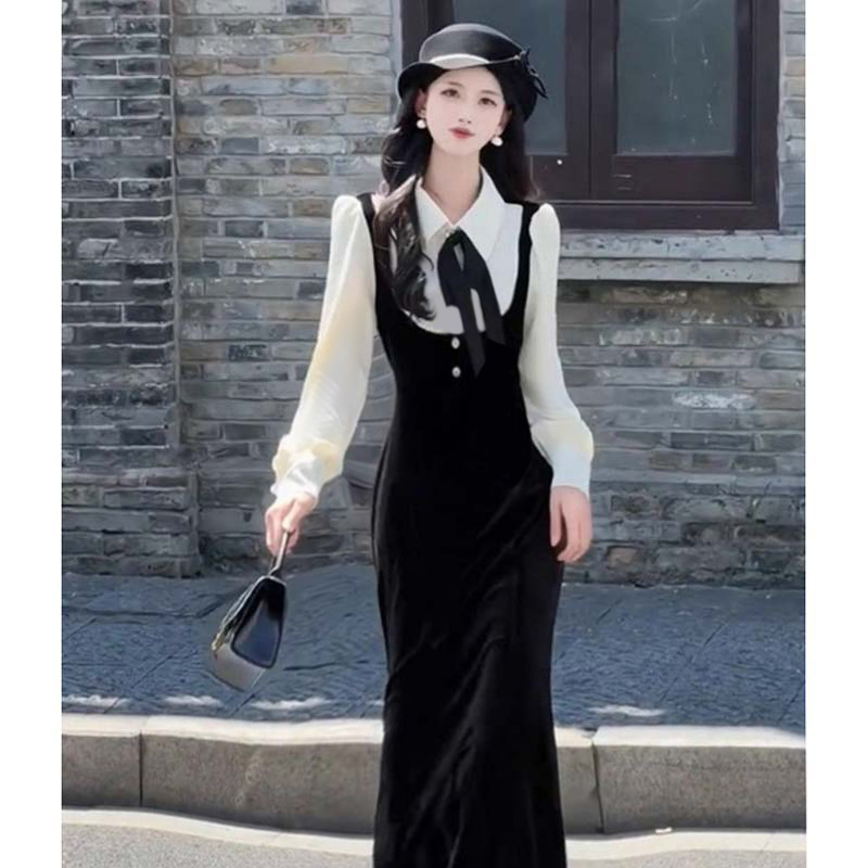 2025秋新款女假两件高端名媛气质连衣裙高级感收腰显瘦长裙D3722