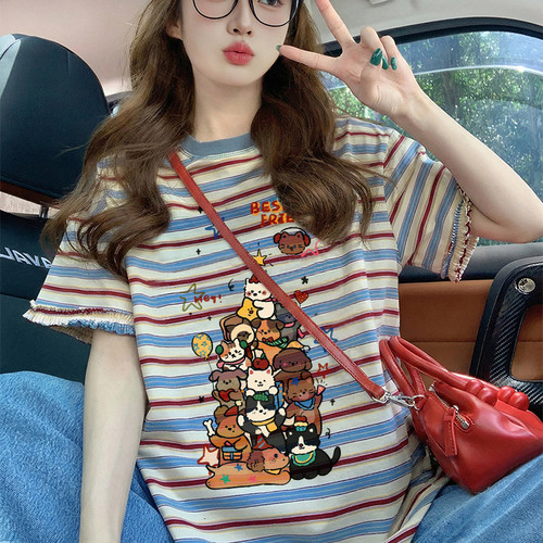 95棉 5氨纶】卡通印花条纹短袖t恤女美式正肩宽松设计感花边上衣