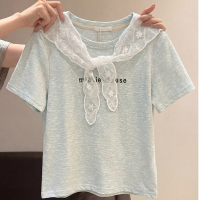 原版面料63.4棉33涤3.6氨纶】蕾丝披肩短袖t恤设计感修身短款上衣