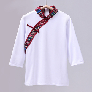 藏族舞舞蹈上衣女款中袖藏式舞蹈演出服装春夏新款民族练功服修身