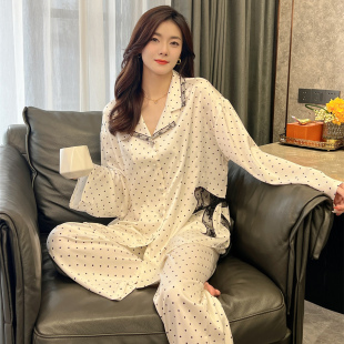 家居服套装 波点蝴蝶结镂空冰丝睡衣女士款 长裤 高级感长袖 2025新款