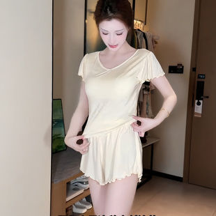莫代尔睡衣女2026夏季新款高级感带胸垫短袖短裤两件套蕾丝家居服