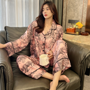 套装 长袖 网红高级感轻奢风春秋款 冰丝睡衣女秋2025新款 家居服 长裤